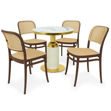 Imagem de Conjunto Mesa De Jantar Redonda Imperial 70cm Branca Com 4 Cadeiras Roma - Marrom