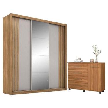 Imagem de Cômoda Flora E Guarda Roupa Casal Moema Amêndola Nude Flex Com Espelho