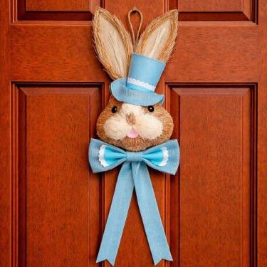 Imagem de Pendente Cabeça Coelho Com Laço Decoração Páscoa Palha 85cm Azul - OUT