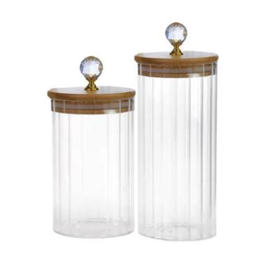 Imagem de Kit de 2 ou 3 Potes Porta Mantimento Vidro Canelado tampa de Bambu Por