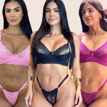 Imagem de Kit 3 Conjuntos Renda Meia Taça Laura Tamanho:PCor:Preto Fúcsia Rosa c