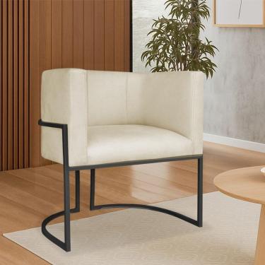 Imagem de Poltrona Dália Luxo Moderna Estofada Design Sofisticado Com Base De Ferro Preto Bouclé Bege