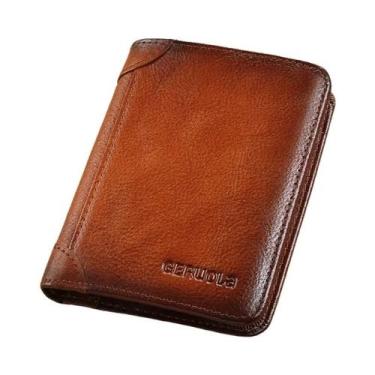 Imagem de Carteira Masculina De Couro Genuíno Marrom Escuro Fina Com Proteção RF