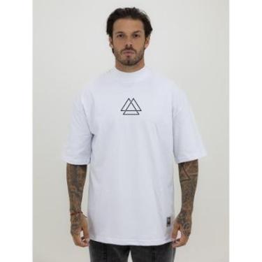Imagem de Camiseta Camisa Oversized Gola Alta Estampa Triângulo Streetwear Algodão Premium Branco-Masculino