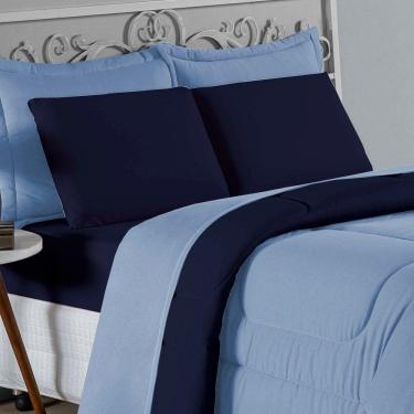 Imagem de Kit Edredom Dupla Face + Jogo De Lençol Solteiro Nobre 4 Peças Malha 100% Algodão - Azul-bebê / Azul-marinho