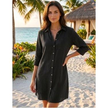 Imagem de Saida de Praia Vestido Chemise Branca Manga Longa 3/4 Dobravel Viscoli