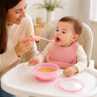 Imagem de Prato Ventosa Rosa Menina Bebe Papinha Kit Colher Pote Tampa - Pais e 