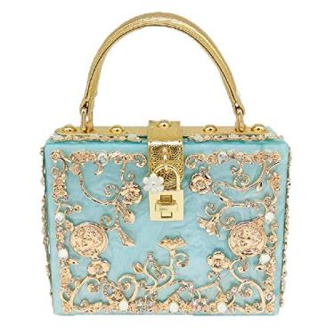 Imagem de Boutique De FGG Bolsas de ombro femininas com design de acrílico e flor, bolsa tiracolo com strass, bolsa para noite, pequena, Azul, Medium