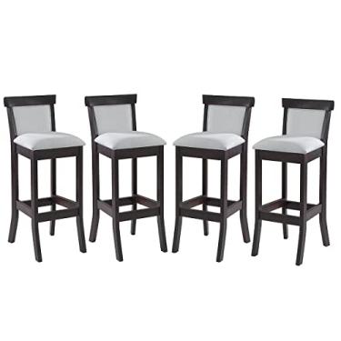 Imagem de Kit 4 Banquetas Alta Estofada Encosto Mônaco 36x100Cm Madeira Maciça Tabaco Linho Bege Cru L71 - RMI