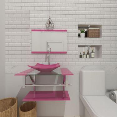 Imagem de Gabinete De Vidro Para Banheiro 60cm Inox Cuba Quadrada Com Sifao E Torneira Metal Cor: rosa
