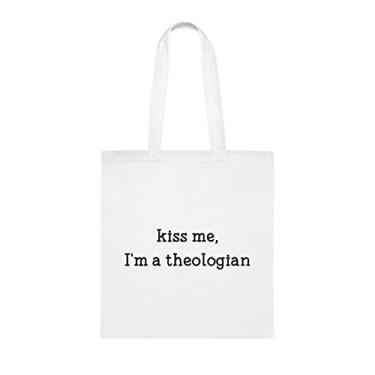 Imagem de Kiss Me I'm A Theologian Tote Bag, presente teólogo engraçado, bolsa de ombro, bolsas reutilizáveis, ideia de presente de cesta de Natal de aniversário, Branco