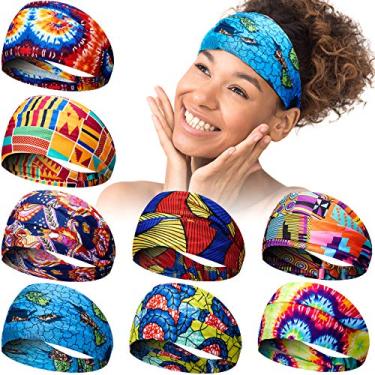 Imagem de 8 peças de faixa africana elástica com estampa boho, faixa elástica para ioga, esportes, treino, faixa de cabeça larga, turbante com nó entrelaçado para mulheres e meninas acessórios de cabelo