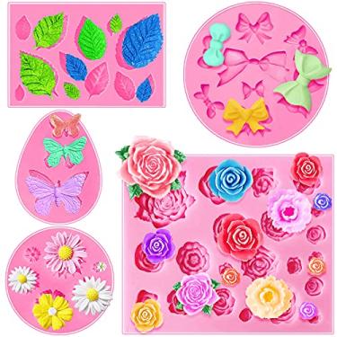 Imagem de 5 moldes para fondant, molde de borboleta, mini flores e 22 cavidades de rosas e folhas, moldes de silicone para doces, molde de silicone para decoração de bolos "faça você mesmo", fabricação de cera de sabão de chocolate e doces