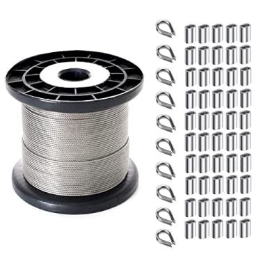 Imagem de IDGGDI Fio para pendurar fotos revestido de vinil, carretel de corda de aço inoxidável de 2 mm com 50 peças de mangas de crimpagem, 10 peças de dedais para pendurar porta-retrato, obras de arte, cordão de luz, fotos