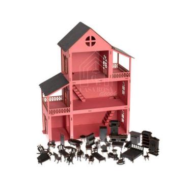 Casinha De Boneca Modelo Americana Mdf Pintada Com 30 Moveis