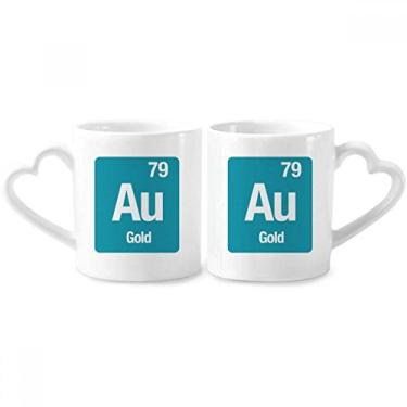 Imagem de Au Gold Chemical Element Science Conjunto de canecas de porcelana para casais, copo de cerâmica para amantes, alça de coração