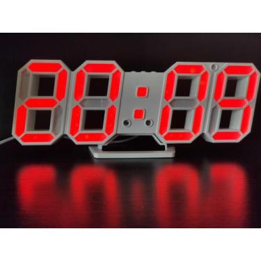 Imagem de Relógio Led Digital 3D Branco Com Led Vermelho Parede Mesa Alarme Snoo