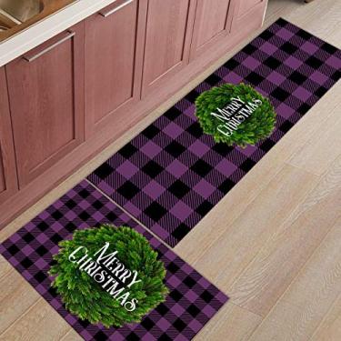 Imagem de Tapete de corredor de cozinha, guirlanda verde roxo e preto xadrez xadrez antiderrapante tapete de porta tapete tapete tapete para lavanderia cabeceira banheiro quarto conjunto de 2