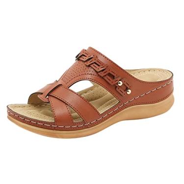 Imagem de Sandálias de plataforma femininas verão cor sólida slip on casual bico aberto anabela parte inferior macia chinelos respiráveis sandálias sapatos (café, 6,5)