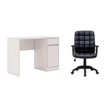 Imagem de Conjunto de Mesa Morada 1 PT 1 GV Branca com Cadeira de Escritório Diretor Giratória Fitz com Braços Ajustáveis Preta