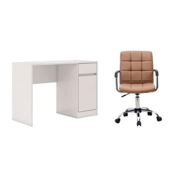 Imagem de Conjunto de Mesa Morada 1 PT 1 GV Branca com Cadeira de Escritório Secretária Giratória Fitz Marrom