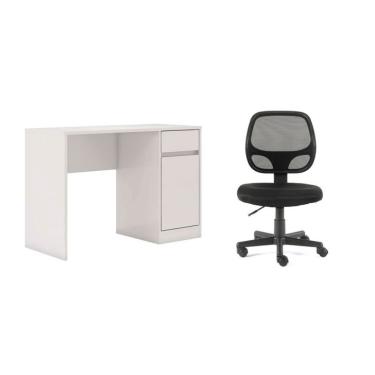 Imagem de Conjunto de Mesa Morada 1 PT 1 GV Branca com Cadeira de Escritório Secretária Giratória Oxford Preta