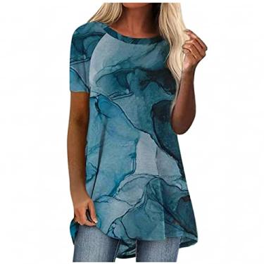 Imagem de Camiseta grande para mulheres com gola redonda e manga curta, túnica Pintura Blusa Tripulação de gola redonda Tops de verão Ajuste solto Top feminino de Cores da paisagem D15-Verde X-Large