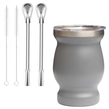 Imagem de Beruth Bombilla Yerba Mate Gourd, conjunto de xícaras de chá de aço inoxidável de 236 ml com tampa multifuncional, dois canudos e escovas de limpeza, caneca de café de parede dupla com isolamento