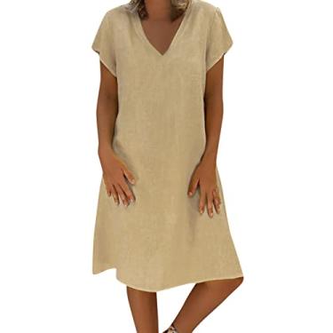 Imagem de BFAFEN Vestidos femininos de verão moda algodão linho cor sólida decote em V vestido manga curta vestido camiseta cor sólida, Vestidos de cruzeiro cáqui para mulheres 2024, 3G