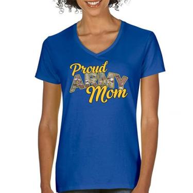 Imagem de Camiseta feminina com gola V Proud Army Mom US Military Family Pride Veteran Patriotic Armed Forces Mother's Day Licenciada, Azul, P