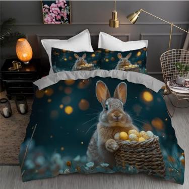 Imagem de Jogo de cama com 3 peças, capa de edredom com estampa de ovos de páscoa, 172,7 x 228,6 cm e 2 fronhas, com fecho de zíper e laços