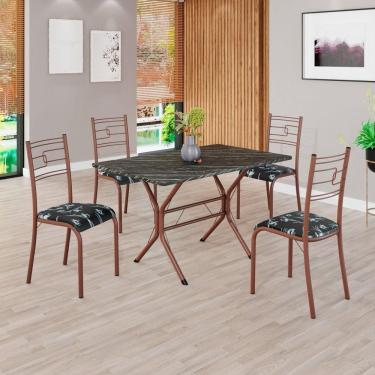 Imagem de Conjunto Sala de Jantar Mesa Retangular 100x60cm Tampo Pedra Ardósia Indiana 4 Cadeiras Paraty Preto Floral / Marrom