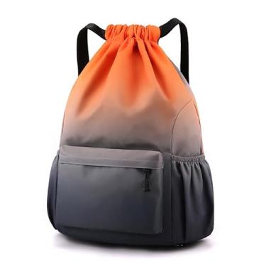 Imagem de Bolsa impermeável com cordão, mochila leve com suporte para garrafa de água e bolsos, mochila esportiva de ginástica, Laranja, cinza, Small, Esportes