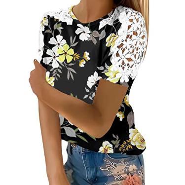 Imagem de Blusas femininas modernas de manga curta grandes com estampas para sair, blusas de algodão de verão, camisetas soltas, túnica atlética, Preto, M
