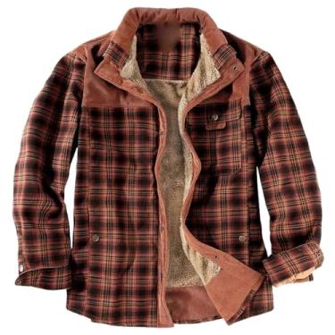 Imagem de Camisa masculina de lã grossa e quente outono inverno casual xadrez algodão camisa masculina à prova de vento, Café vermelho, P