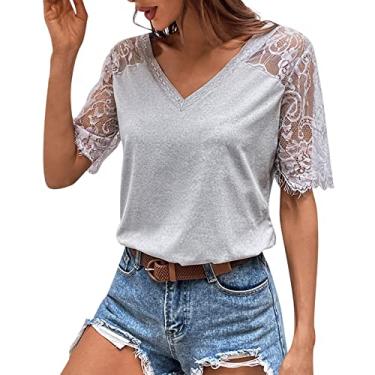 Imagem de Blusas femininas de malha de renda plus size de manga curta elegantes blusas de algodão de verão camisas soltas túnica de festa, Cinza, GG