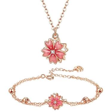 Imagem de UUONLY Conjunto de joias Cherry Blossoms - Colar giratório, brinco, pulseira, anel - Pingente de flor banhado a ouro rosa com zircônia cúbica - Presente de flor rosa para mulheres, Adjustable, Latão,