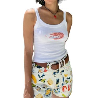 Imagem de SOLILOQUY Camiseta regata feminina y2k com estampa de frutas, sem mangas, para bebê, bonita, justa, básica, dos anos 90, estética urbana, Uma regata de camarão, P