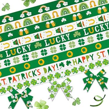 Imagem de Estivaux 9 fitas para o dia de São Patrício, fita de gorgorão verde branca de 9 cm de largura, fita de trevo irlandês, chapéu de duende, fitas artesanais para embrulho de presente Dia de São Patrício,