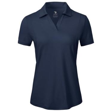 Imagem de BGOWATU Camisa polo feminina de golfe de manga curta com gola V, gola V, proteção UV, ajuste seco, Azul marino, P