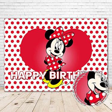 Imagem de Pano de fundo Minnie Mouse, Feliz Aniversário, 17 x 12 cm, vintage, Minnie Mouse, fundo de 1º aniversário, para bebês, decoração de mesa de chá de bebê com bolinhas vermelhas