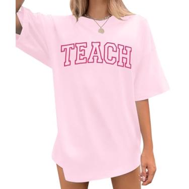 Imagem de Camiseta Teach grande para mulheres com estampa de letra de professor, casual, bordada, vida do professor, camiseta de manga curta, rosa, G