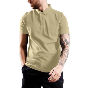Imagem de Uni Clau Camisa polo masculina de manga curta de algodão piquê leve casual stretch Golf, Camelo, G