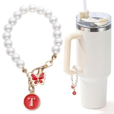 Imagem de LUHOHI Acessórios para Stanley Cup Corrente Pérola Inicial Acessórios para Pega Material Decoração Garrafa de Água Jóias Copo Bonito Simples Moderno Nome Personalizado ID Decorações Letra Vermelha