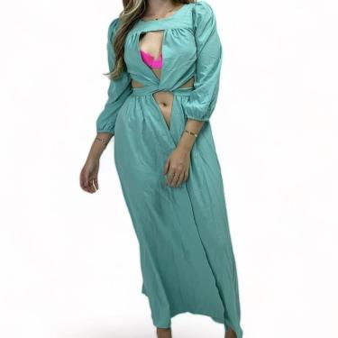 Imagem de Chemise Longa Saída De Banho Praia Piscina Kimono Manga Longa Bufante Com Amarração - ULLY-Feminino