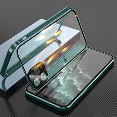 Imagem de YEXIONGYAN Capa magnética para iPhone 14/14 Plus/14 Pro/14 Pro Max vidro temperado dupla face com protetor de câmera à prova de choque de alumínio 360 coberto por tela inteira (verde, iPhone14)