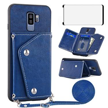 Imagem de Asuwish Capa de celular para Samsung Galaxy S9 Plus com protetor de tela de vidro temperado e suporte para cartão de crédito alça transversal de couro celular S9+ 9S 9+ S 9 9plus S9plus feminina azul