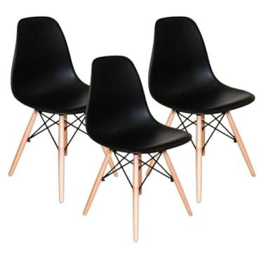 Imagem de Decoreshop, Kit 3 Cadeiras Charles Eames Eiffel DSW Sala de Jantar, Cozinha, Restaurante, Bar - assento em polipropileno, pés palito em madeira clara (Preto)