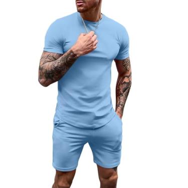 Imagem de Uni Clau Conjunto de camisetas masculinas de manga curta e shorts combinando casual agasalho de verão, Azul-claro, G