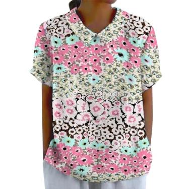Imagem de Camisetas femininas de verão de manga curta, floral, casual, solta, gola de lapela, túnica moderna estampada, rosa, 5G